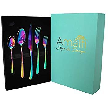 24-Piece Rainbow Color Flatware Set, Stainless Steel Titanium Colorful Plated Set, Dinner Knives Forks Teaspoons Silverware Cutlery Set Service for 6
