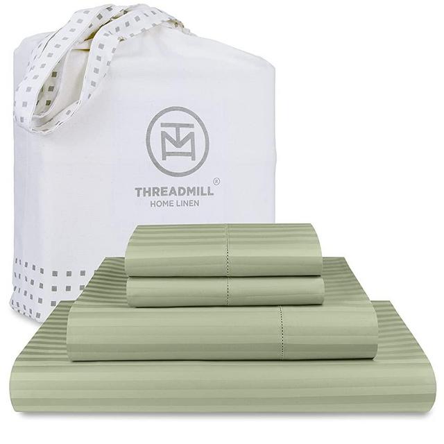 Threadmill King-Size Luxury Sheets - 100% Natural Cotton 600 Thread Count, 4 Pc Stripe Damask Sage Green Sheet Set, Breathable ELS Combed Cotton Sheets with Elasticized Deep Pocket