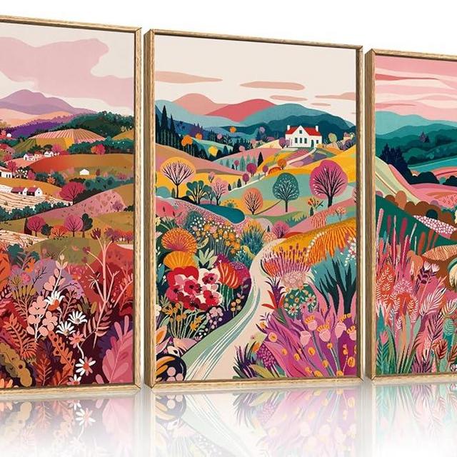 HLNIUC Boho Colorful Wall Art, Floral Mountain Framed Decor(16"x24"), Abstract Wildflower Nature 3 Piece Canvas Painting, Botanical Sunset Forest Art Print for Living Room, Bedroom, Office