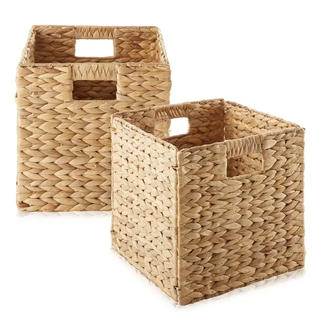 Casafield 10.5" x 10.5" Water Hyacinth Storage Baskets, Natural - Set of 2 Collapsible Cubes, Woven Bin Organizers for Bathroom, Bedroom, Laundry