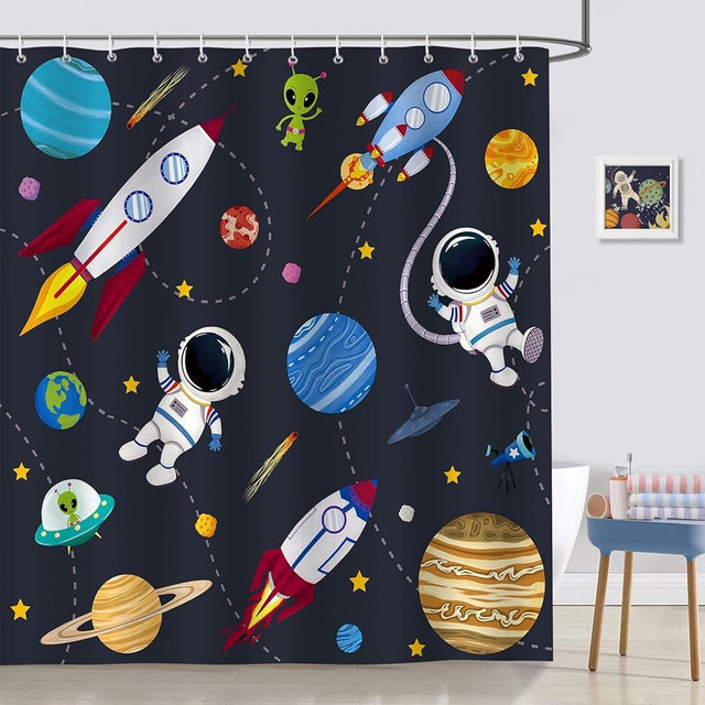 Bonhause Outer Space Shower Curtain for Kids, Rocket Planets Astronaut Boys Bathroom Decor 72 x 72 Inch Polyester Fabric Waterproof Bath Curtain with 12 Hooks