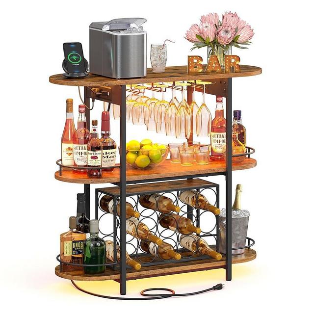 VASAGLE Bar Cabinet with LED Lights and Power Outlets, Freestanding Coffee Bar Wine Cabinet, Wine Rack, Glass Holder, Mini Bar for Liquor and Glasses, Kitchen, Dining Room, Rustic Brown ULWR007K01