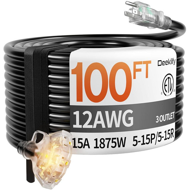 Deeklify 100 ft 12 Gauge Heavy Duty 3 Outlet Extension Cord Splitter with Indicator, Waterproof Outdoor Extension Cord with Multiple Outlets, 15A 1875W for Home & Workshop, ETL Listed, Black SJTW