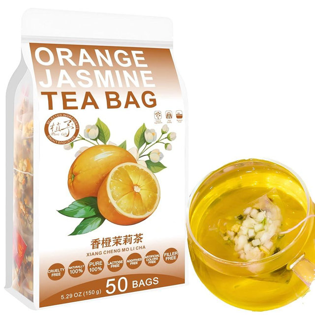 100% Pure Natural Herbal Tea, Orange Jasmine Tea Bag, 150g/5.29oz (3g*50bags), 香橙茉莉茶, Pineapple, Apple, Orange peel, Green Tea, No Additives, Non-GMO