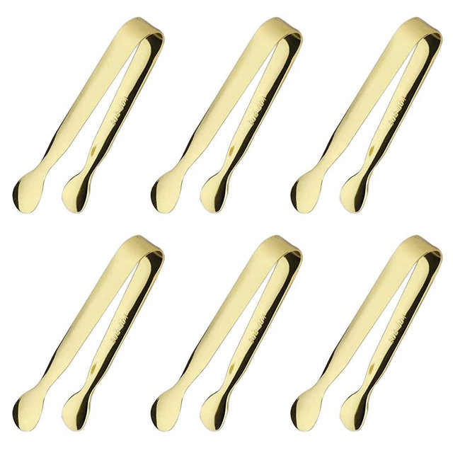 6PCS Ice Tongs Mini Sugar Tongs 4.25Inch Stainless Steel Small Serving Tongs, Small Kitchen Tiny Tongs for Appetizers,Tea Party, Coffee Bar, Desserts (Gold)