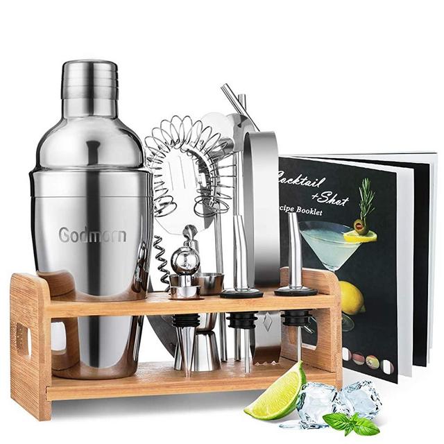 Cocktail Shaker Set Bartender Kit, Godmorn 15Pcs Bartender Shaker Set, 304 Stainless Steel Martini Shaker and Strainer, 550ml /19OZ Bar Tool Set With Bamboo Stand, Recipe Booklet, For Home And Bar