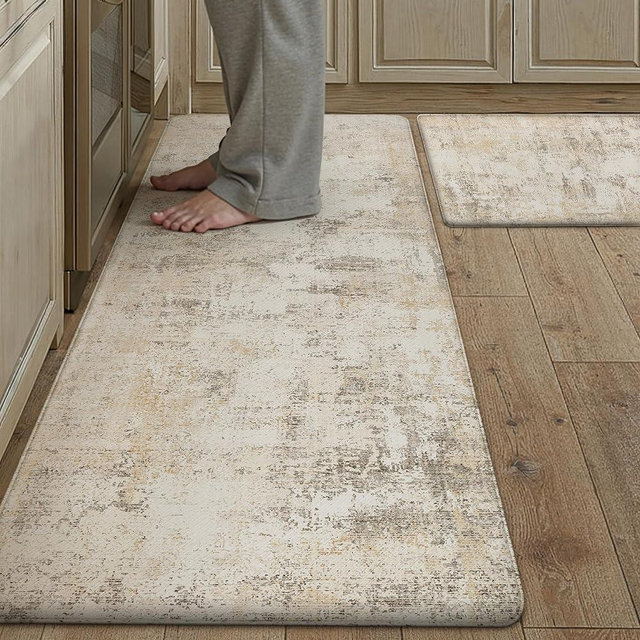 WondRg Kitchen Mats for Floor Set of 2 Anti Fatigue Waterproof Kitchen Rug Beige Grey Abstract Cushioned Non-Slip Kitchen Mats Comfort Standing Neutral Mat for Sink Laundry Office 17.3"×47"+17.3"×30"
