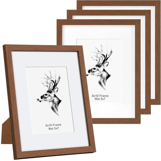 Yaetm 8x10 Picture Frame with Mat for 5x7 Set of 4, Walnut Brown, Solid Wood Photo Frames 8 x 10 with Tempered Glass for Wall Gallery, Home and Office, Tabletop or Wall Mount (4 Pack, Walnut)