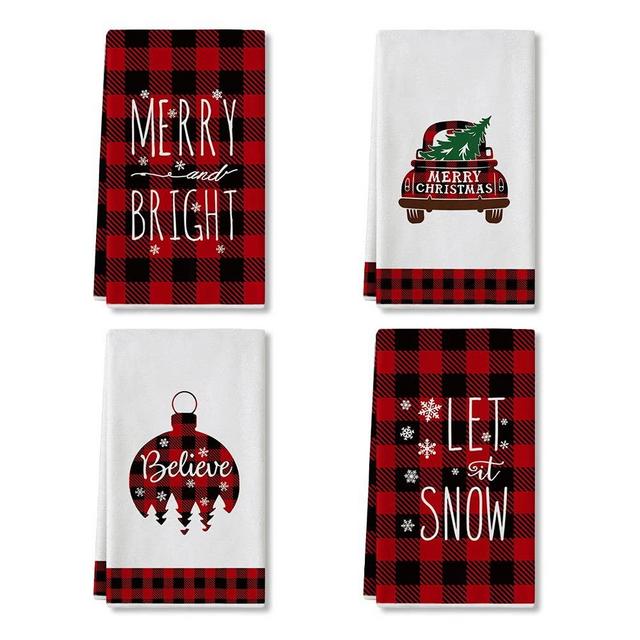 Artoid Mode Red and Black Buffalo Plaid Christmas Ornament Car Tree Kitchen Towels and Dish Towels, 18 x 26 Inch Winter Holiday Ultra Absorbent Drying Cloth Tea Towels for Cooking Baking Set of 4