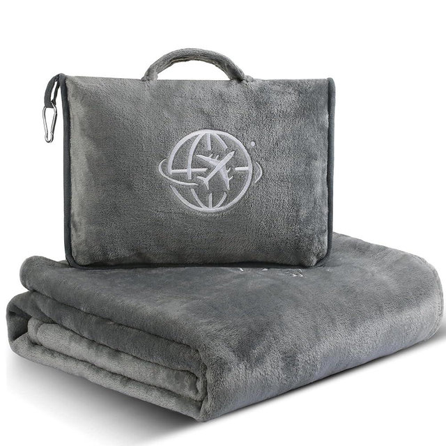 Fendox Travel 2-in-1 Travel Blanket and Pillow – Lightweight, Compact, Ultra Soft, Machine Washable – Handle, Luggage Sleeve, Backpack Clip – for Travel Airplane, Car, Office (Gray)