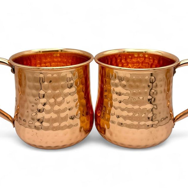 Wooden Baker 100% Pure Copper Mugs – Handcrafted Hammered Copper Moscow Mule Cups and Handles – 16 oz Set of 2- Ayurvedic inspired design – No Lacquer for Authentic Taste & Quality