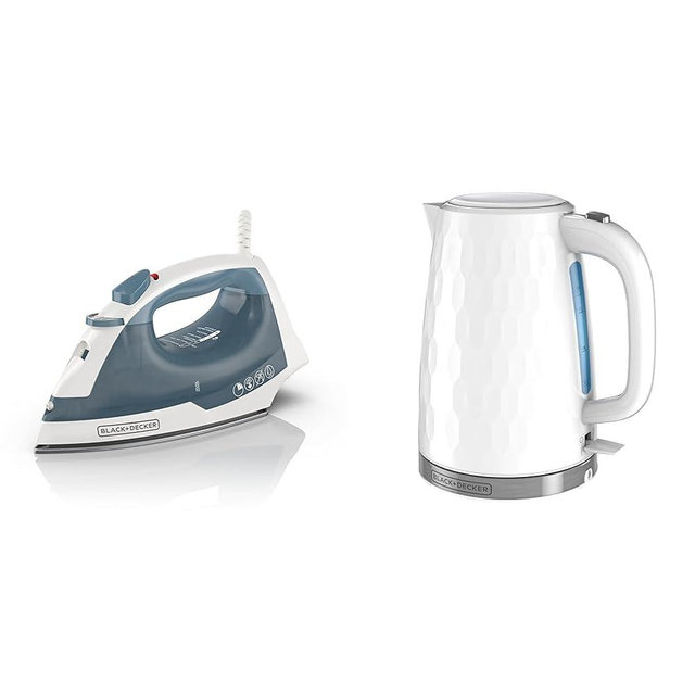 BLACK+DECKER Easy Steam Compact Iron, IR40V, Nonstick Plate, SmartSteam, Anti-Drip & 1.7L Cordless Electric Kettle, KE1560W, Premium Texture, Water Window, Rapid Boil
