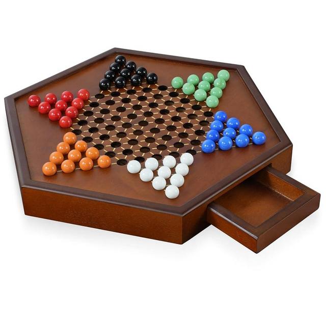 DecoWoodo 15" Large Upgraded Wooden Chinese Checkers Game Board – Premium 16mm Glass Marbles (60 + 12 Extras), Easy Grip, Storage Drawer, Ideal Multi-Player Puzzle Game for 2-6 Players