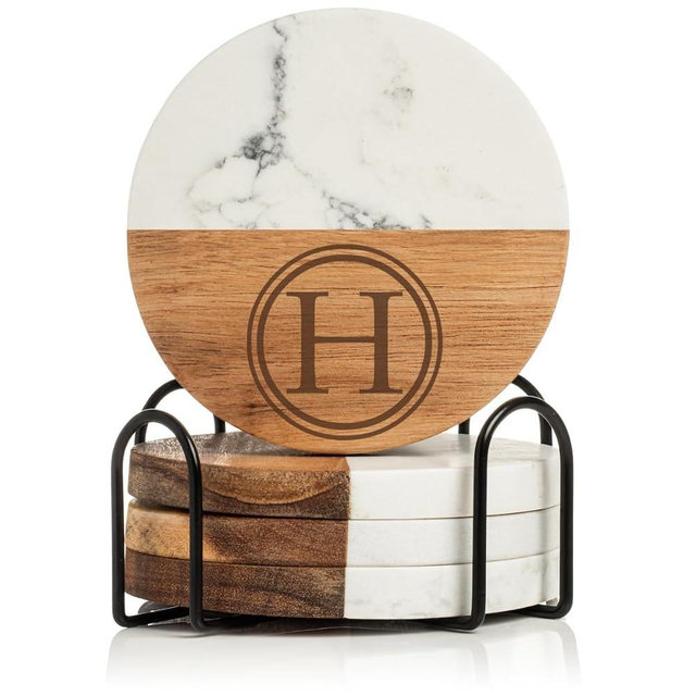 Set of 4 Drink Coasters with Holder Gift Circle Letter H Monogram (Acacia Wood & Marble)