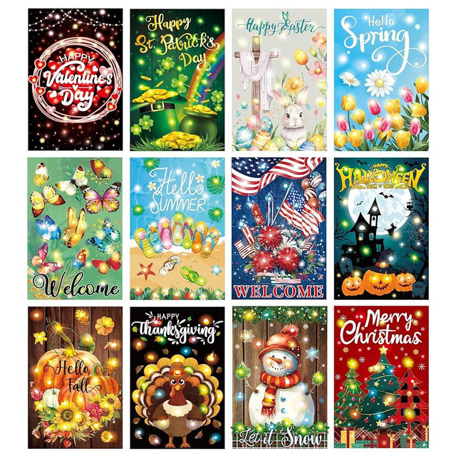 Remagr 12 Pcs Solar Seasonal LED Garden Flags 12 x 18 Inch Double Sided Yard Flags Halloween Christmas Fall Thanksgiving Day Decorations Welcome Garden Holiday Yard Outside Lawn Decoration