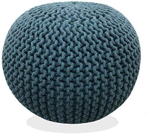 Fernish Decor Round Pouf Ottoman Hand Knitted Cotton Pouf Footrest,Foot Stool, Knit Bean Bag Floor Chair for Bed Room Living | Room | Accent Seat (Teal Blue 20x20x14 Inch)