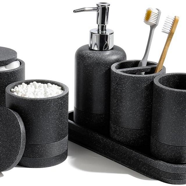 YMXYJM Bathroom Accessories Set, 6-Piece Bathroom Set with Toothbrush Holders, Soap Dispenser, Vanity Tray, Tumbler, Cotton Swab Jars, Bathroom Organizer for Modern Bathrooms - Black