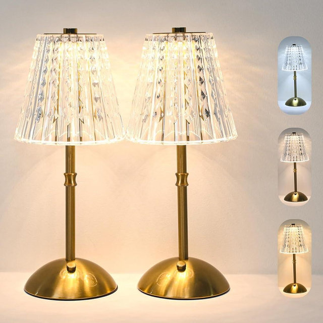 Gkeiten 2 Pack Crystal Cordless Table Lamp Rechargeable, 3 Way Dimmable Touch Light & 3600mAh Battery Operated, Portable Small Metal Light for Patio/Bedroom/Bar/Outdoor/Kitchen/Gift for Home Décor
