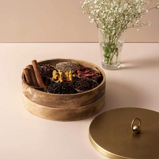 Vintage Brass + Wood Masala Dabba