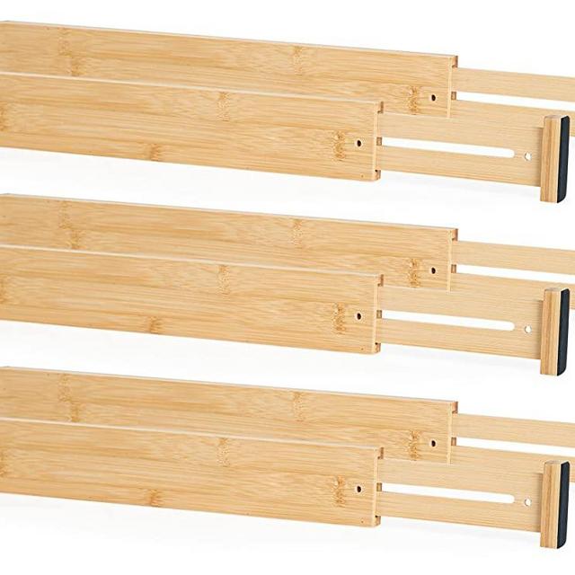 6 Pack Bamboo Drawer Dividers, Expandable Drawer Organizer(17.1"-22.8"), Spring-Loaded, Non-Slip, Adjustable Drawer Dividers for Clothes, Kitchen, Bedroom, Dresser, Office