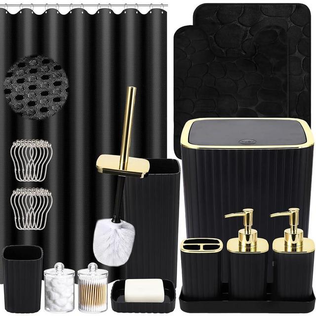 XLHOMO Bathroom Set with Shower Curtain and Rugs- 25PC Bathroom Accessory Set, Black Shower Curtain Set, Toilet Brush, Trash Can, Qtip Holder Dispenser & Soap Dispenser