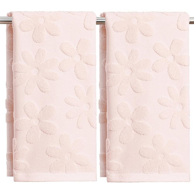 Artoid Mode 2 Pcs Pink 3D Floral Jacquard Spring Hand Towels for Bathroom, 100% Cotton Soft Absorbent Bathroom Decor Towels, 13.7 x 29.5 Inch