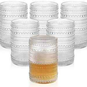Vintage Glassware Drinking Glasses Set of 6,15 oz Hobnail Glass Cups,Embossed Clear Water Tumbler,for Beer,Cocktail,Whiskey,Juice and Various Mixed Drinks- 1 Cleaning Brush