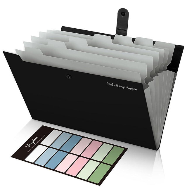 SKYDUE Expanding File Organizer with 8 Pockets, Accordion File Folders with Labels, Portable Document Paper Organizer, A4 Letter Size, Black