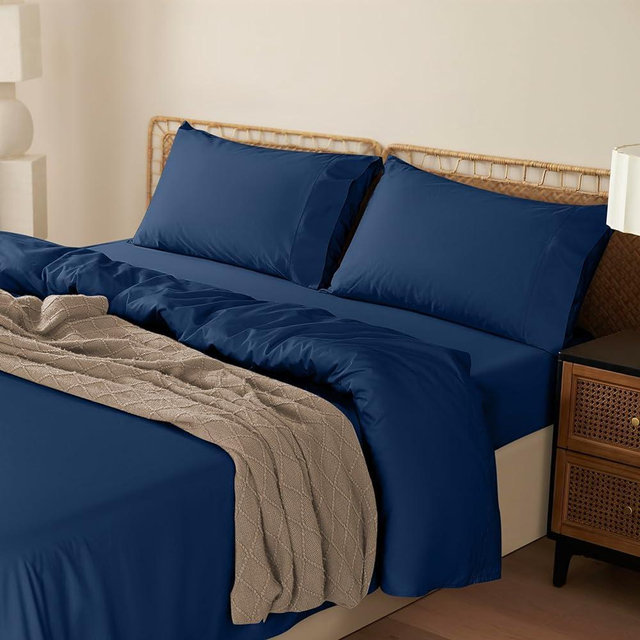 LBRO2M 1000 Thread Count 100% Egyptian Cotton Sheets Set,Queen Size Bed Sheet 4 Piece Sets,Long Staple,16 Inches Deep Pocket,All Season,Bedding Super Soft Breathable,Sateen(Navy Blue)