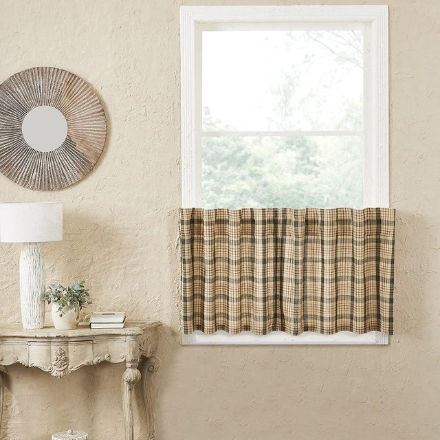VHC Brands Cider Mill Plaid Curtain Tiers, Tan & Charcoal, 24x36, Set of 2