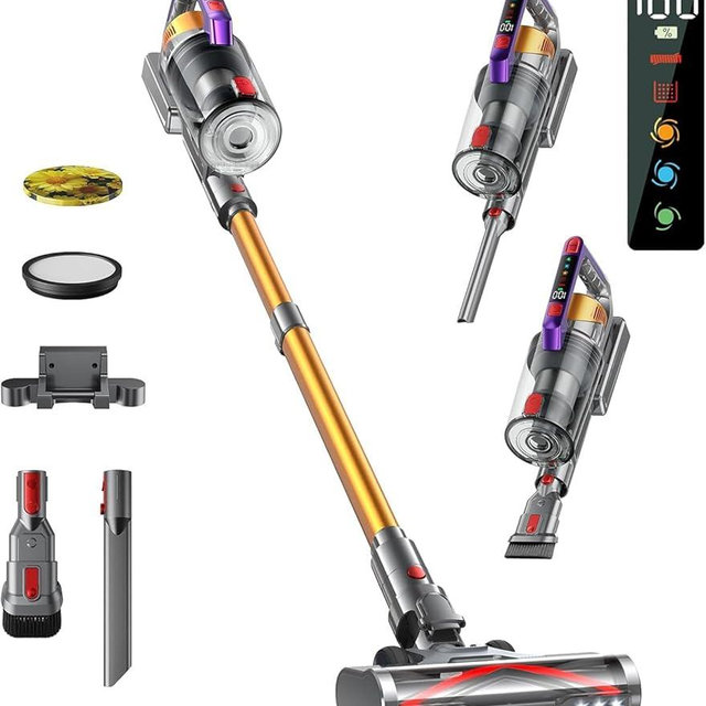 Cordless Vacuum Cleaner, 580W 48KPA 70Mins Vacuum Cleaners for Home, Self-Standing Stick Vacuum with Aromatherapy & LED Display Screen, Stick Vacuum Cordless Rechargeable for Pet Hair/Carpets (Gold)