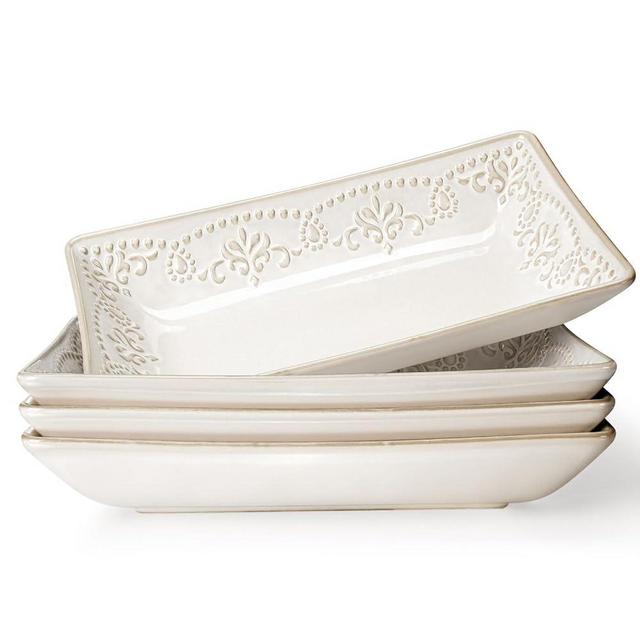 Artena Ceramic Pasta Bowls Set of 4-9.85 Inch Large Salad Bowls, 25 oz Serving Bowls for Soup, Dinner & Party - Embossed Microwave Safe Kitchen Dishes, Rectangle Plates (Damask Floral)