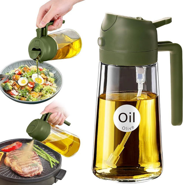 YRRAMATE 16oz/470ml Glass Olive Oil Sprayer for Cooking with Stickers, 2 in 1 Oil Dispenser for Kitchen Gadgets, Food Grade Premium Spray Bottle with Portion Control for Salad, BBQ (OliveGreen)