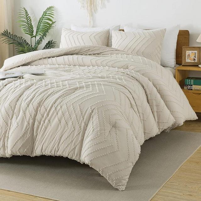 Litanika Beige Comforter Set Queen Size, 3 Pieces Boho Summer Chevron Tufted Bedding Set & Collections, All Season Bed Set (90x90In Comforter and 2 Pillow Shams)