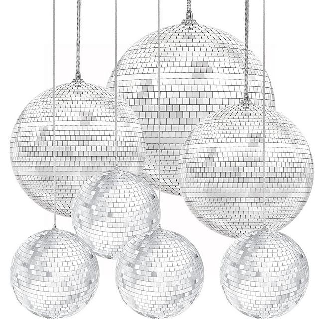 Mirror Disco Ball 7-Pack Variety, 7" Inch, 6" Inch, and 4" Inch Silver Hanging Ball with Attached String for Ring, Reflects Light, Fun Party Home Bands Decorations, Party Favor (Pack of 7)