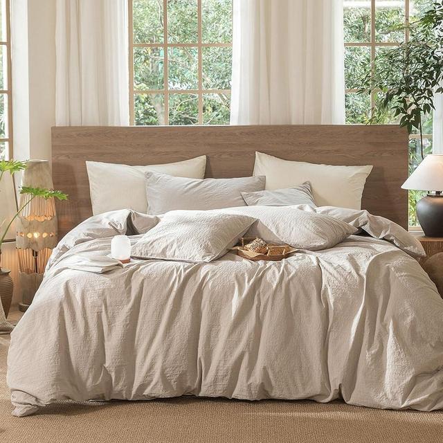 MooMee Wavy Stripe Duvet Cover Set 100% Washed Cotton Linen Like Textured Breathable Durable Soft Comfy (Beige, King)