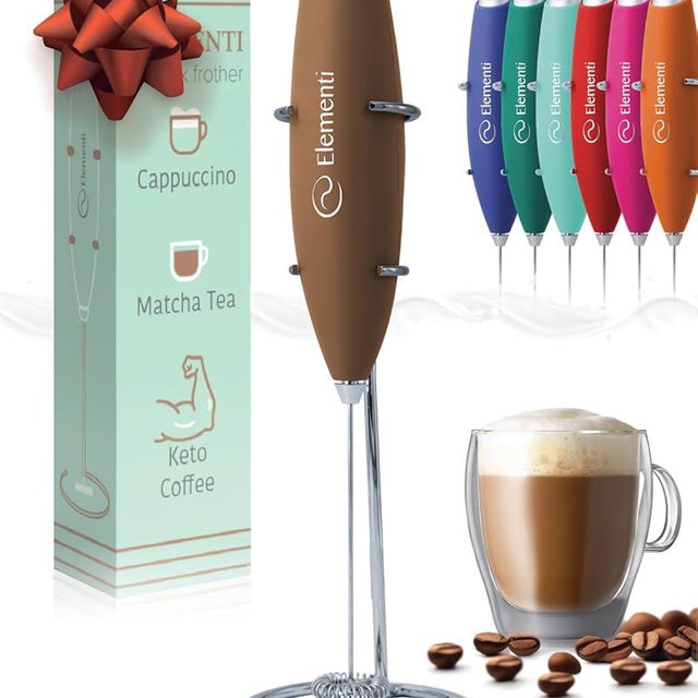 Elementi Coffee Mixer Wand & Drink Mixer with Stand - Powerful Coffee Frother Handheld Milk Frother Wand - Hand Held Milk Foamer to Make Perfect Cappuccinos, Lattes & Drink Mixes at Home (Mocha)