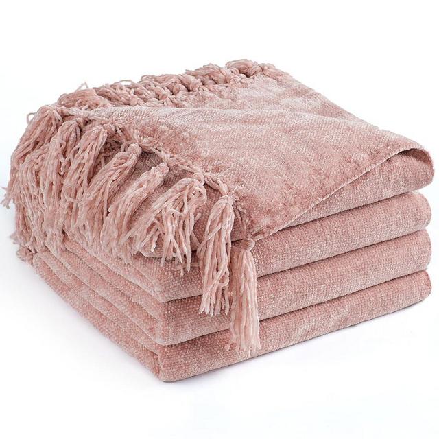 LONG CREATE Chenille Throw Blanket for Couch 50"X 60", Soft Cozy Throws with Fringe Tassel for Bed Sofa Chair Cover, Lightweight Knitted Decorative Boho Blankets for Living Room, Dusty Pink