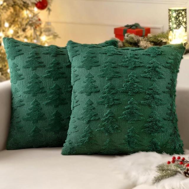 MIULEE Dark Green Throw Pillow Covers Christmas Tree Decorative Pillow Covers 18x18 Inch Soft Plush Faux Wool Pillow Covers Set of 2 Farmhouse Couch Pillows Home Decors for Sofa Livingroom Bed