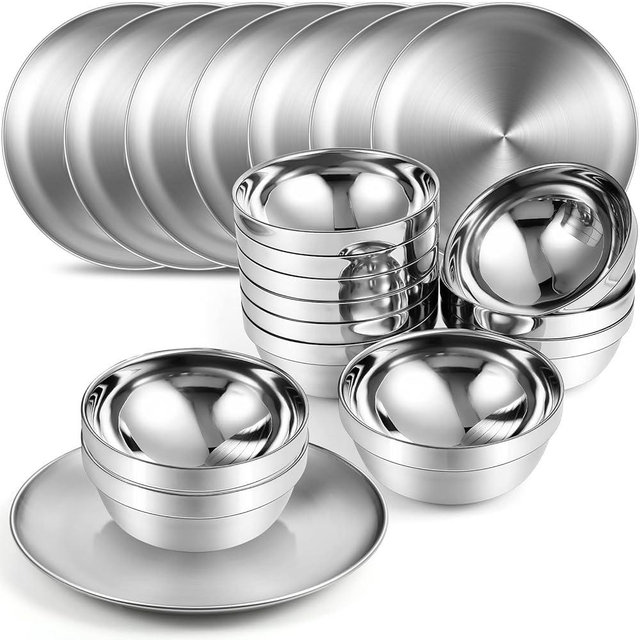 Sunnyray Stainless Steel Plates and Bowls Metal Camping Plates Reusable 13oz Steel Snack Feeding Serving Dinner Dishes Double Walled Insulated Metal Bowls for Kids(10 Set,8 Inch)