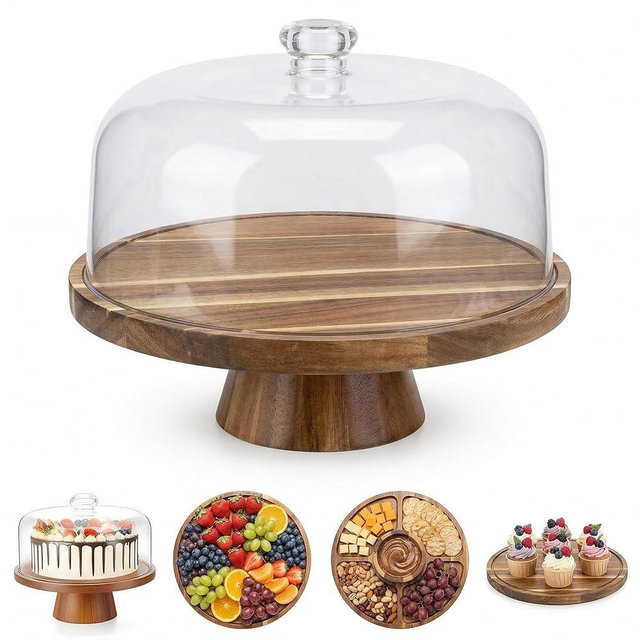Sizavi Acacia Wood Cake Stand with Lid 11.4" Charcuterie Board With Lid Multiuse Wooden Cake Stand with Dome Acrylic 6 in 1 Wood Cake Stand With Lid