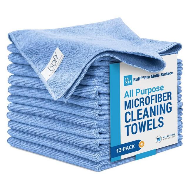Buff Pro Multi-Surface Microfiber Towel – 12 Pack | Premium Cleaning Cloth | Clean, Dust, Polish, Absorb | Large 16"x16" (Blue)
