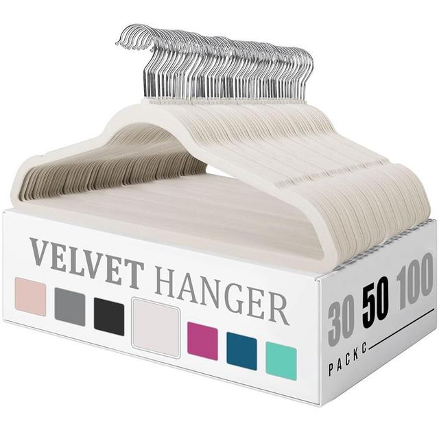 Flysums Premium Velvet Hangers 50 Pack, Heavy Duty Study Ivory Hangers for Coats, Pants & Dress Clothes - Non Slip Clothes Hanger Set - Space Saving Felt Hangers for Clothing