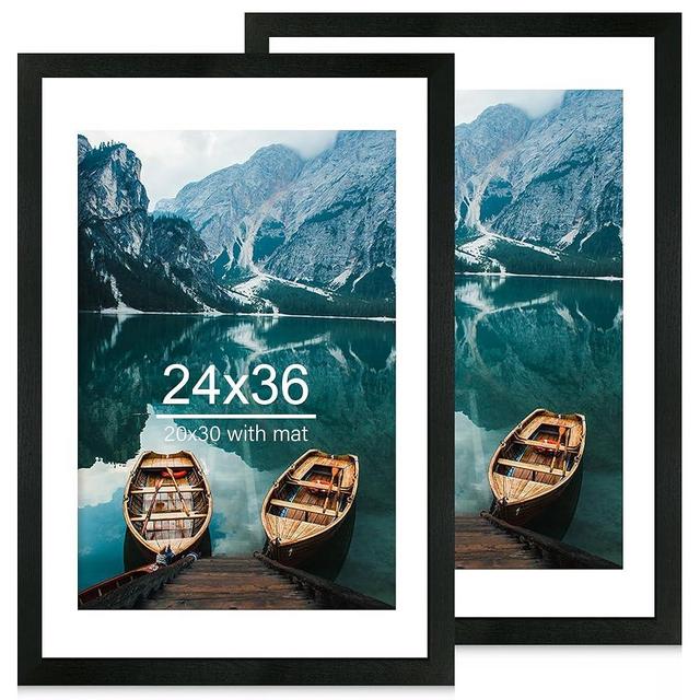 Hongkee 24x36 Poster Frame Set of 2, Rustic Black Wood Style - Display 24 x 36 Poster without Mat or 20x30 Picture with Mat, Wall Mounting Horizontal and Vertical