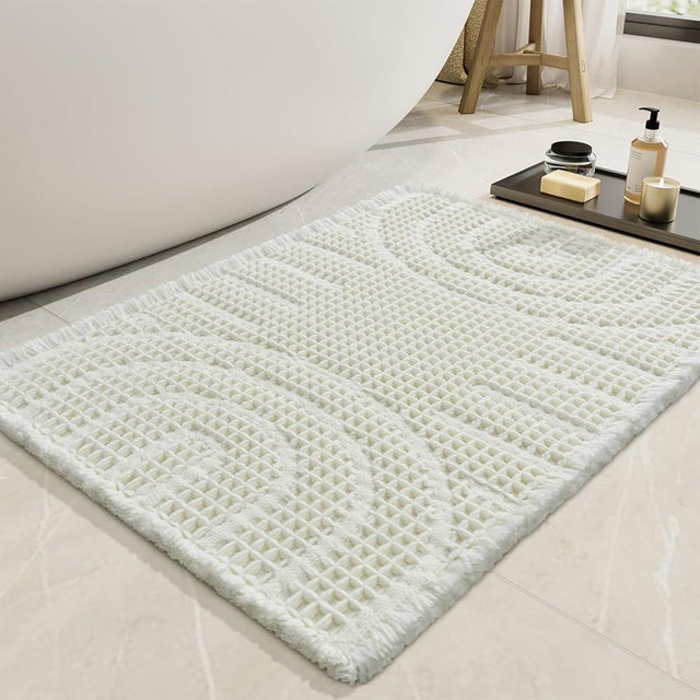 AMOAMI Waffle Bath Mat Super Absorbent Bath Mats for Bathroom Non Silp Machine Washable Bathroom Mat Soft Bath Rugs with Tassels Front of Bathtub, Sink, White 20"x32"