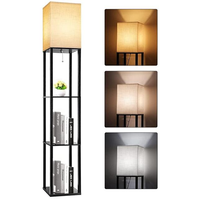 Floor Lamp with Shelves, RUNTOP Shelf Lamp with 3 Color Temperature LED Bulb,Floor Lamp for Living Room, Modern Tall Standing Display Shelf Floor Lamp for Bedroom, Office (Black)