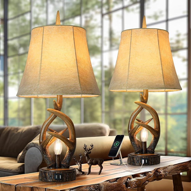 Scenekoy Rustic Farmhouse Antlers Bedside Table Lamp Set of 2 with Nightlight Dual USB Ports Leather Soft Bell Shade Brown Finish nightstand Lamp Decor for Living Room Bedroom Office House Hotel