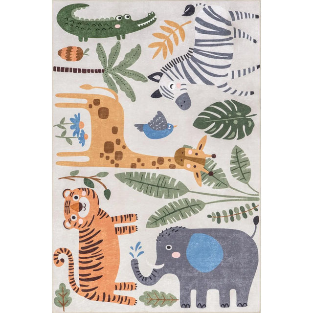 Debra Kids Spill Proof Washable Jungle Friends Rug | White Multicolor | 4 x 6