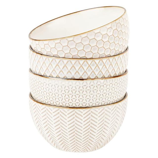 KooK Ceramic Soup and Cereal Bowls, Embossed, House-warming Gift, For Ice Cream, Dessert, Fruits, Side Dishes, Yogurt, Microwave & Dishwasher Safe, Cream with Bronze Accents, Set of 4, 22 oz