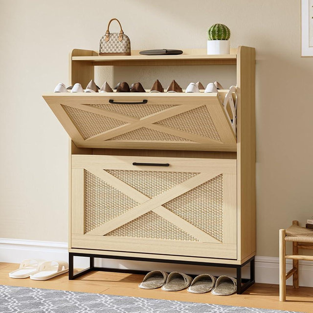 Captain Winters Shoe Cabinet with 2 Flip Drawers On Clearance - Shoe Organizer for entryway with Metal Legs - Narrow Storage Cabinet for Shoe Storage,Rustic Oak Rattan Wood Grain